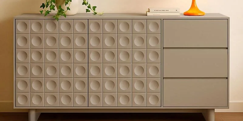 Aparador de salón beige liso con 2 puertas y 3 cajones